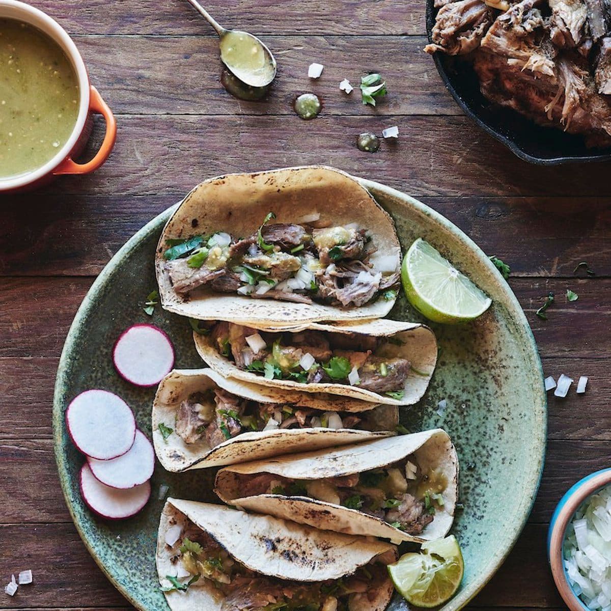 Carnitas tacos with pork and salsa verde (Mexico)