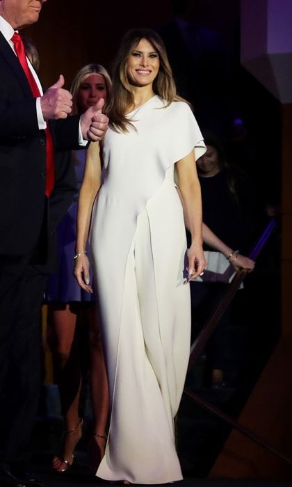 President-elect Donald Trump's wife made her grand debut as the country's future first lady on November 9 sporting a chic ensemble by all-American designer, Ralph Lauren. Melania exuded elegance donning a one-shoulder silk crepe jumpsuit by the designer.
Photo: Chip Somodevilla/Getty Images