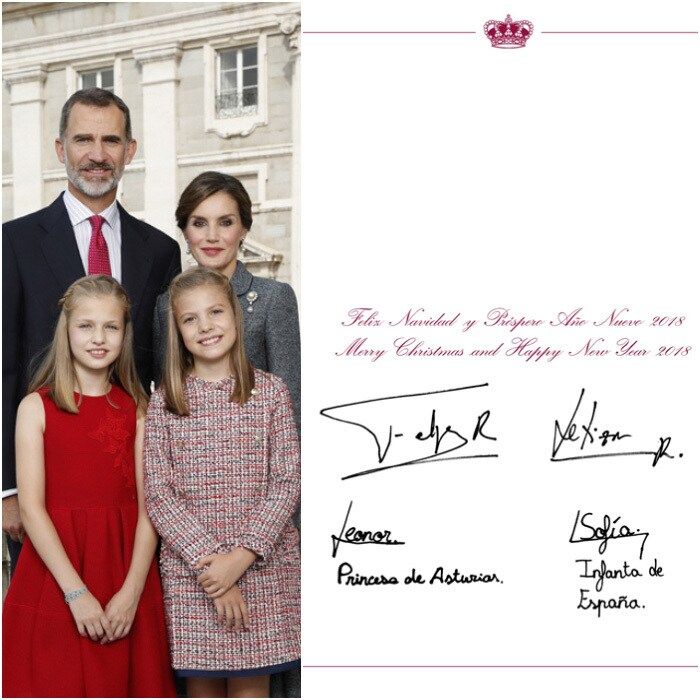 <b>Spanish Royals</b>
<a href="https://us.hellomagazine.com/tags/1/king-felipe/"><strong>King Felipe VI</strong></a> <a href="https://us.hellomagazine.com/tags/1/queen-letizia/"><strong>Queen Letizia</strong></a> and their daughters <b>Princess Leonor</b> and <b>Infanta Sofia</b> star in this year's holiday card, which was released by Zarzuela Palace on Monday, December 11. "Merry Christmas and Happy New Year 2018," the holiday message read in English and Spanish along with the four royals' handwritten signatures signed below.
The family looked picture perfect for the photo. The portrait was taken in October during Spain's National Day (October 12) celebrations in Madrid. At the time, the royal family showed a united front despite political turmoil in the country. The festivities also included a special memory for the victims of the Barcelona and Cambrils attacks.
Photo: Photo: Casa de S.M. el Rey