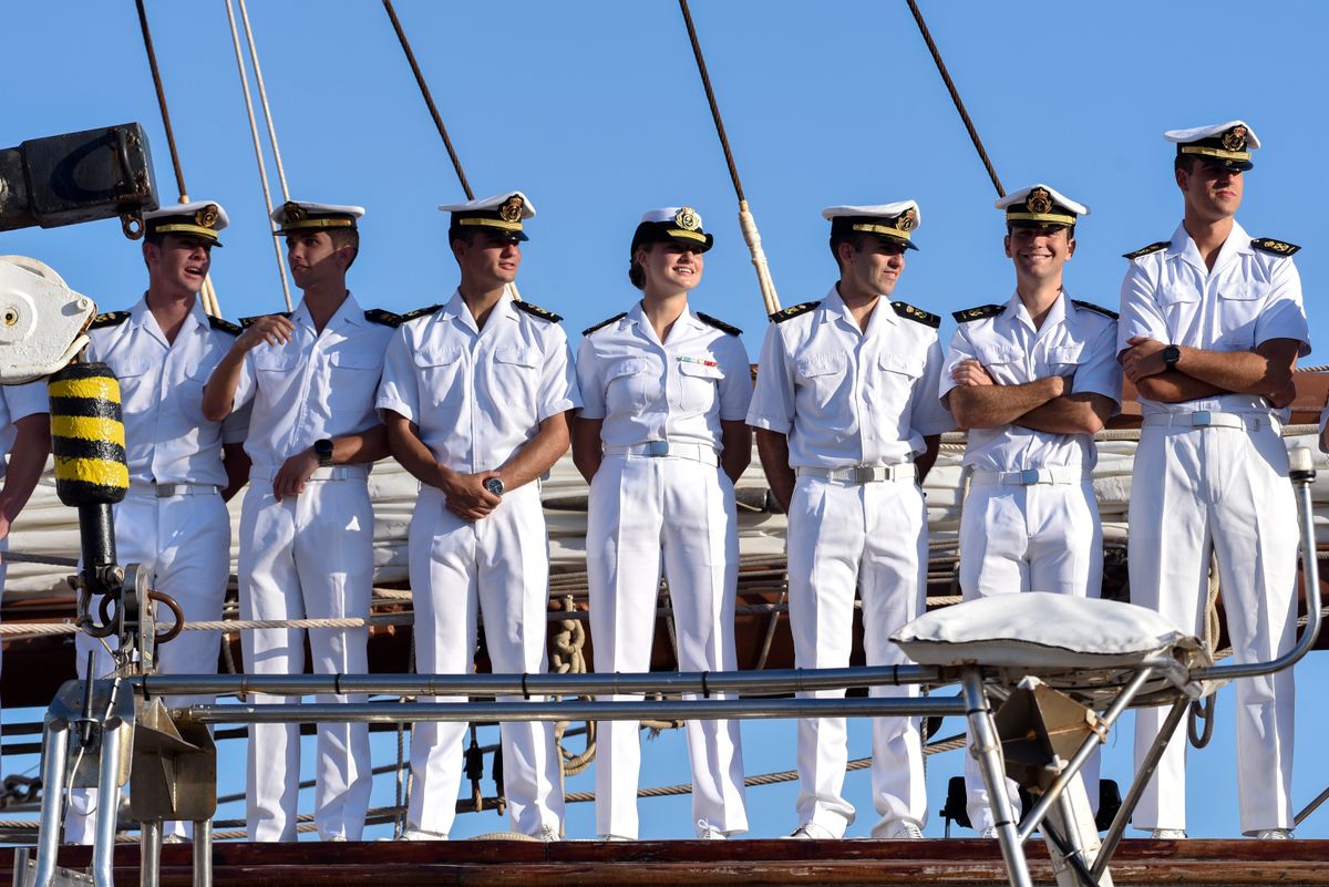 Crown Princess Leonor of Spain (C) and other training companions of the Spanish Navy