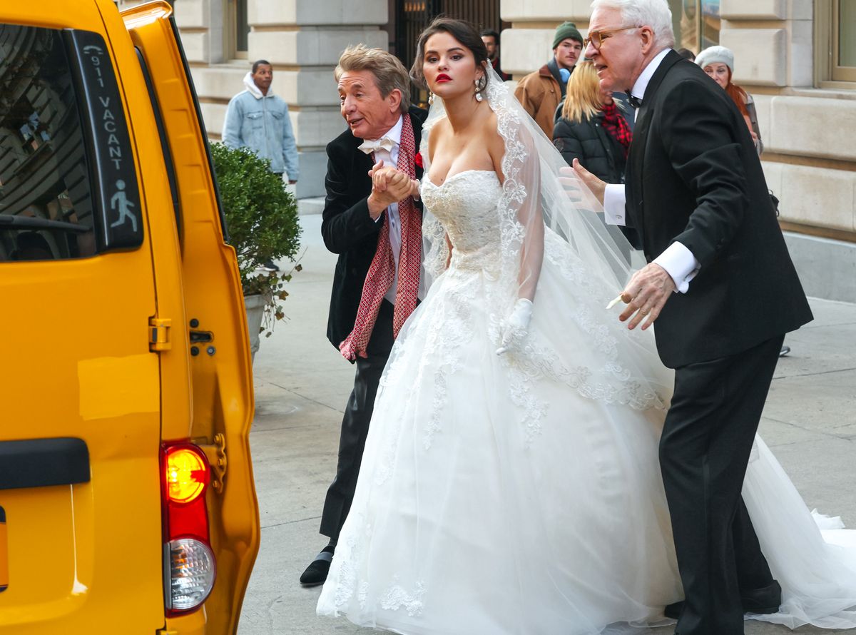 NEW YORK, NY - MARCH 21: Martin Short, Selena Gomez and Steve Martin are seen at the film set of the 'Only Murders in the Building' TV Series on March 21, 2023 in New York City.  (Photo by Jose Perez/Bauer-Griffin/GC Images)