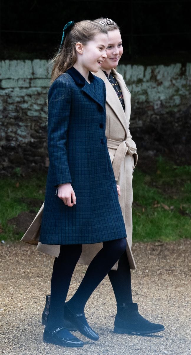 SANDRINGHAM, NORFOLK - DECEMBER 25: Princess Charlotte of Wales and Mia Tindall attend the Christmas Morning Service at Sandringham Church on December 25, 2024 in Sandringham, Norfolk. (Photo by Samir Hussein/WireImage)