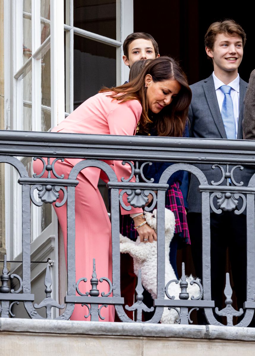 COPENHAGEN, DENMARK - APRIL 16: Prince Joachim of Denmark, Princess Marie of Denmark, Count Nikolai of Denmark, Count Felix of Denmark, Count Henrik of Denmark and Countess Athena of Denmark at the balcony of Amalienborg Palace at the 83rd birthday of the Danish Queen on April 16, 2023 in Copenhagen, Denmark. (Photo by Patrick van Katwijk/Getty Images)