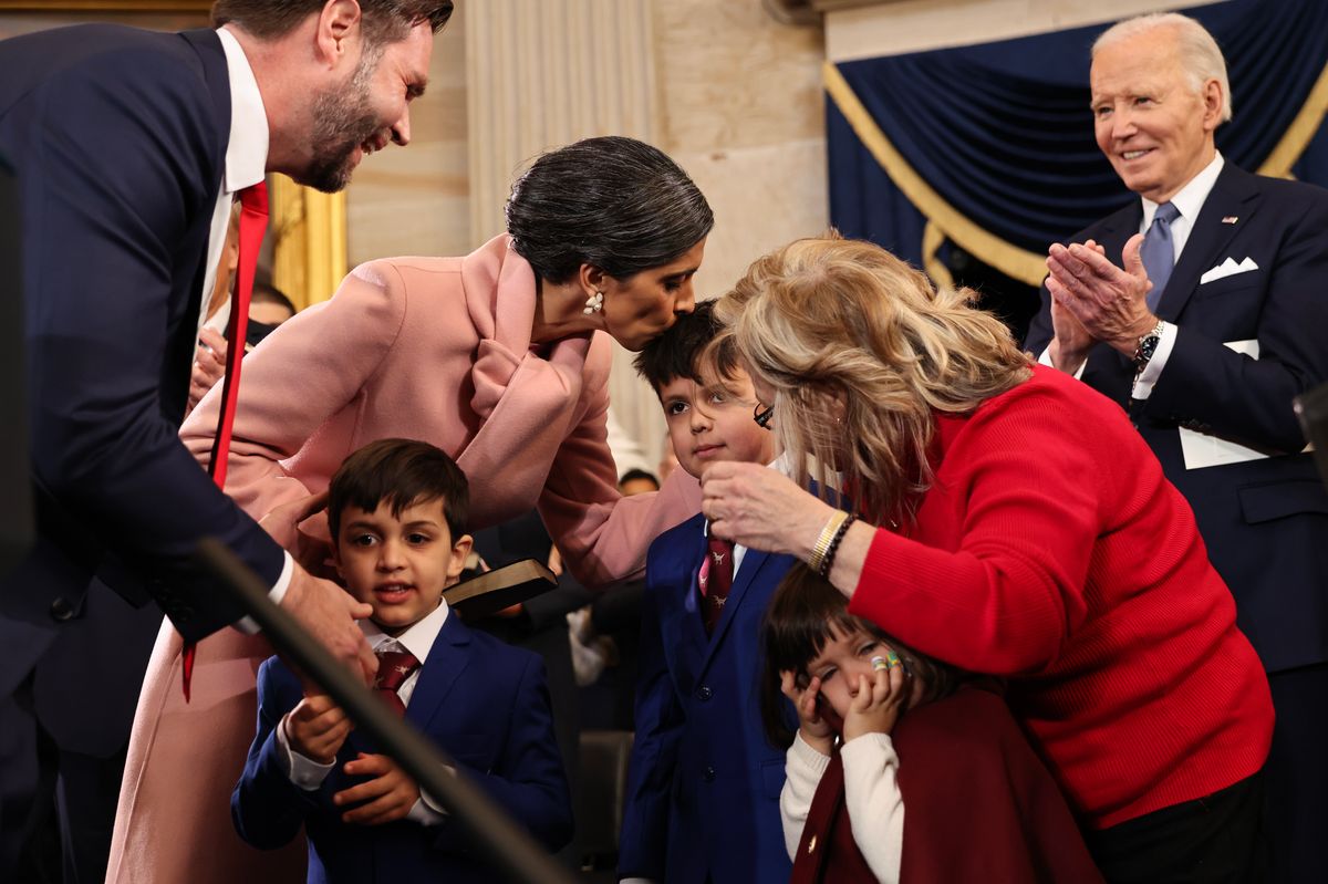 WASHINGTON, DC - JANUARY 20: U.S. Vice President-elect former Sen. J.D. Vance (R-OH) reacts with his family during inauguration ceremonies in the Rotunda of the U.S. Capitol on January 20, 2025 in Washington, DC. Donald Trump takes office for his second term as the 47th president of the United States. (Photo by Chip Somodevilla/Getty Images)