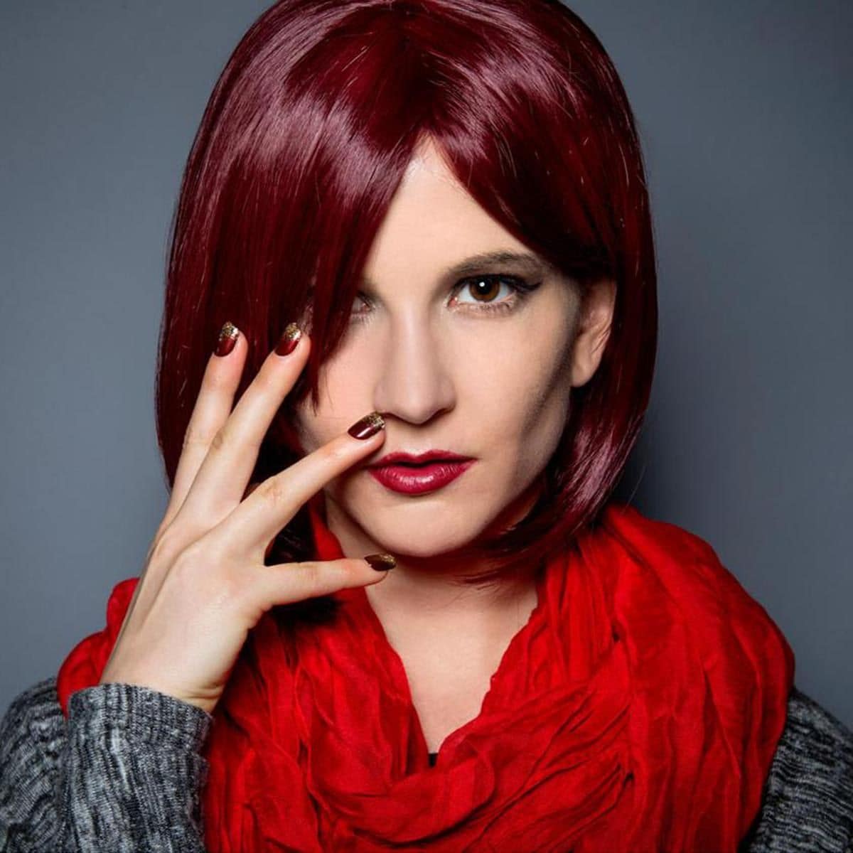 Lady with burgandy colored hair