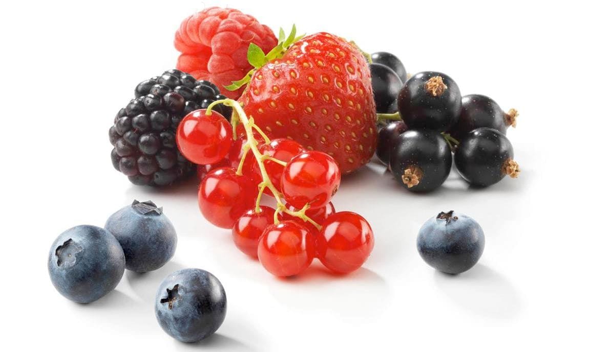 Blackberries, strawberries, raspberries, red currants, black currants, and blueberries