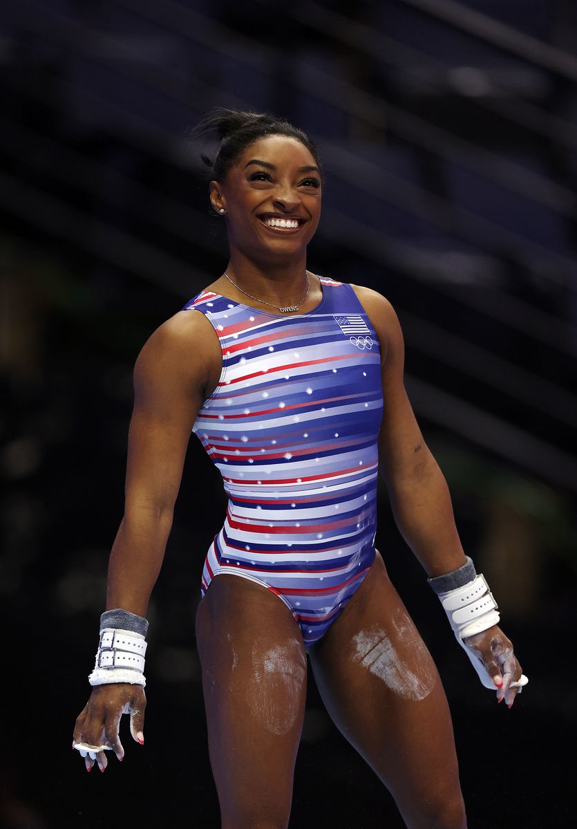 Simone Biles practices ahead of the 2024 U.S. Olympic Team Gymnastics Trials at Target Center on June 26, 2024 in Minneapolis, Minnesota. 