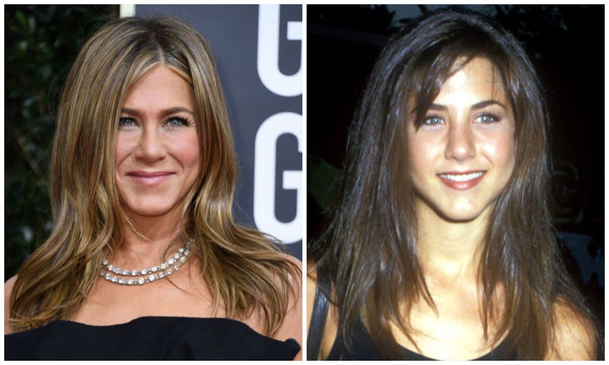 Jennifer Aniston with dirty blond hair on the left and dark brown hair on the right