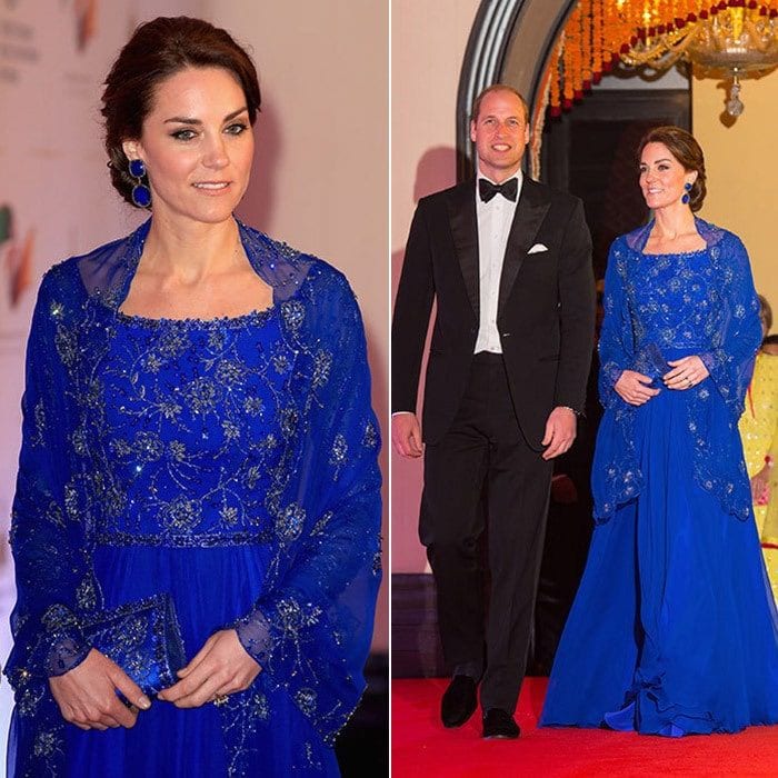 A glittering number for a glittering reception. Kate kept in tune with India's culture in this Bollywood-inspired number for their welcome reception in Mumbai in 2016. The chiffon silk bespoke dress was also beaded in India. The Duchess wore earrings from Indian designer Amrapali.
<br>
Photo: Getty Images