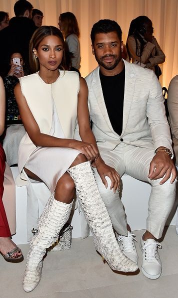 Ciara and Russell Wilson had a his and her fashion moment while sitting front row at Lanvin.
<br>
Photo: Getty Images