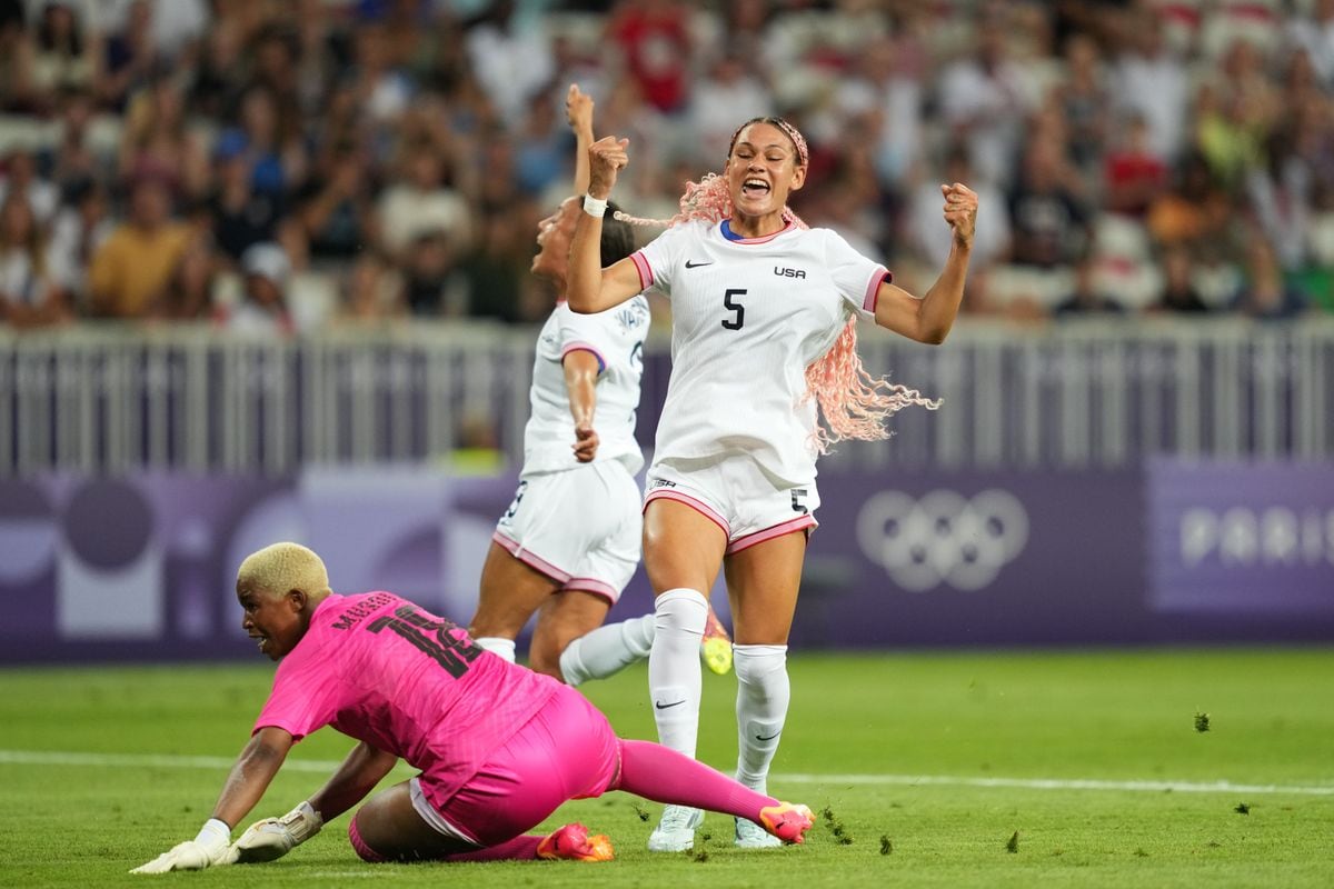 Trinity Rodman #5 of the United States celebrates scoring during the first half of the Women's Group B match between United States and Zambia during the Olympic Games Paris 2024 at Stade de Nice on July 25, 2024, in Nice, France. 