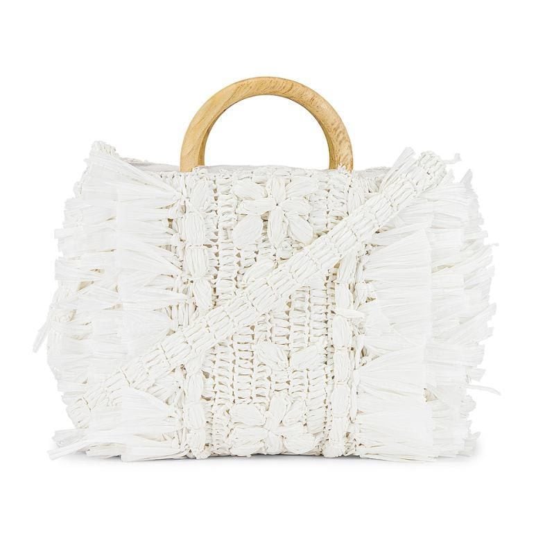 White raffia weekender with wooden handle by Cleobella