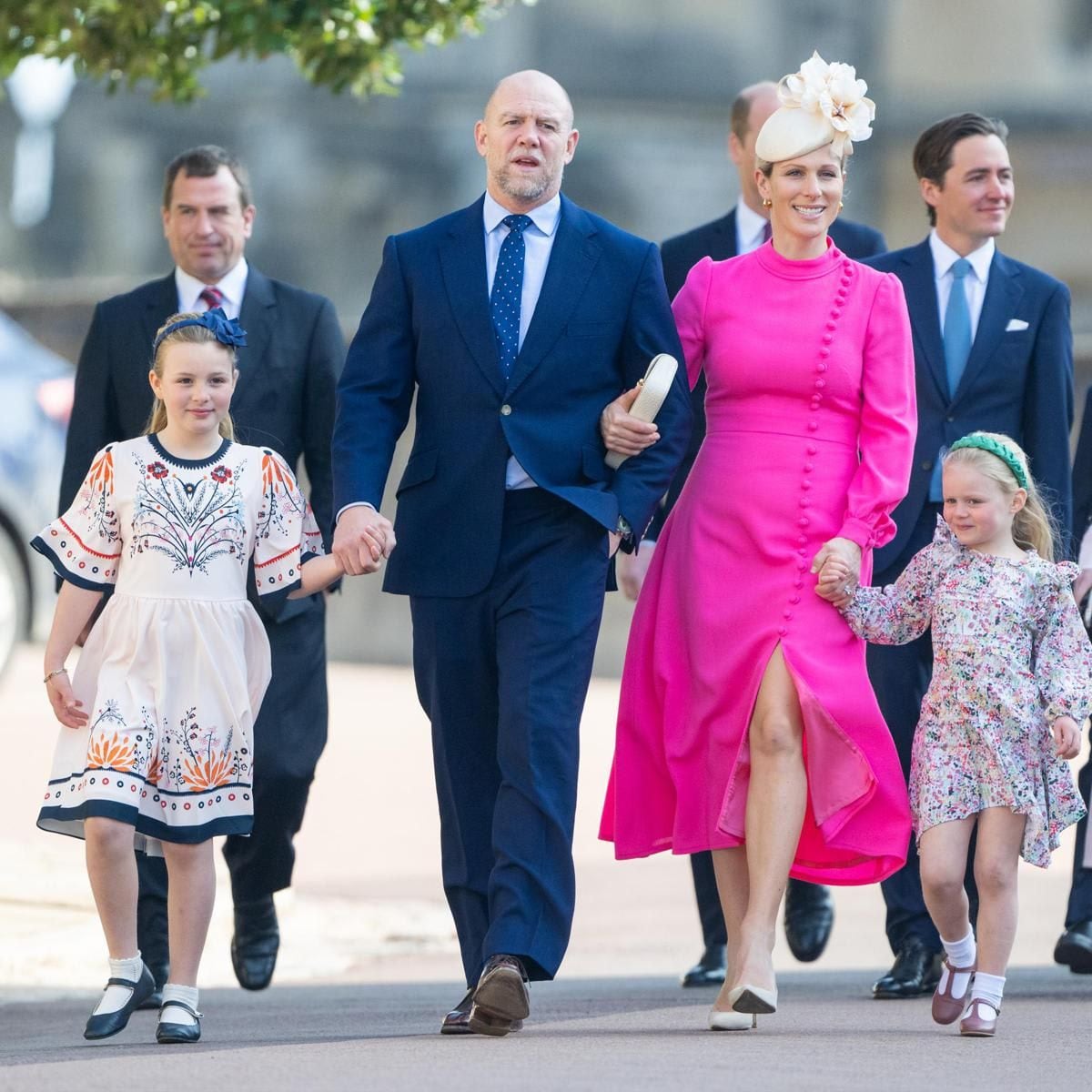 Mike and Zara Tindall brought their daughters Mia and Lena Tindall to the service. Zara's brother Peter Phillips (pictured behind Mia) also stepped out, but without his kids.