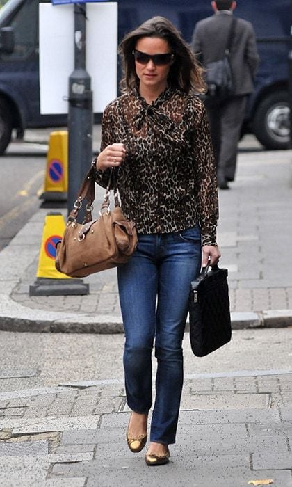 Pippa rarely wears prints, but when she does, like with this animal-print blouse, she looks chic and put together.
<br>
Photo: Getty Images