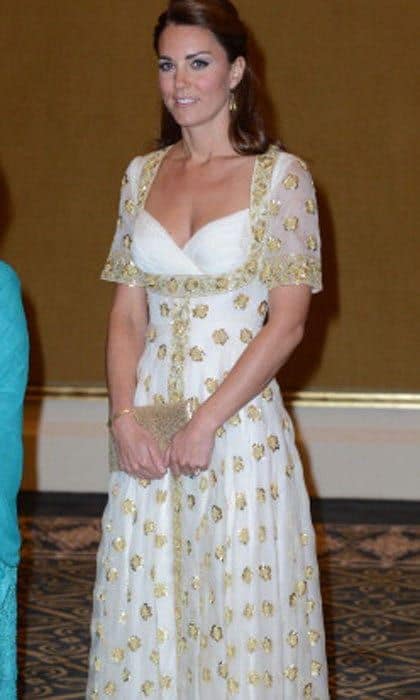 While in Malaysia, Kate wore this gorgeous gown with a gold polka dot overlay.
<br>
Photo: Getty Images