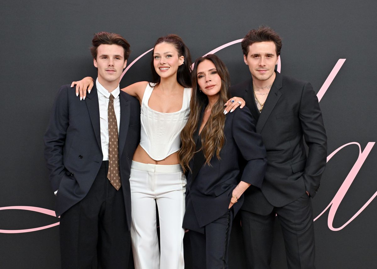 Cruz Beckham, Nicola Peltz Beckham, Victoria Beckham, and Brooklyn Peltz Beckham attend the Premiere of "Lola" at Regency Bruin Theatre on February 03, 2024.