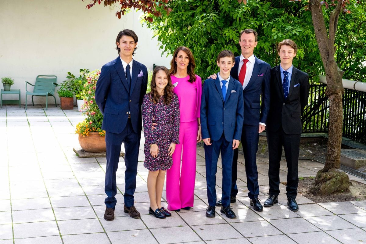 Prince Joachim and Princess Marie of Denmark with Count Nikolai of Monpezat, Count Felix of Monpezat, Countess Athena of Monpezat and Count Henrik of Monpezat attending the confirmation of Count Henrik at the Danish Church in Paris. (Photo by DPPA/Sipa USA)