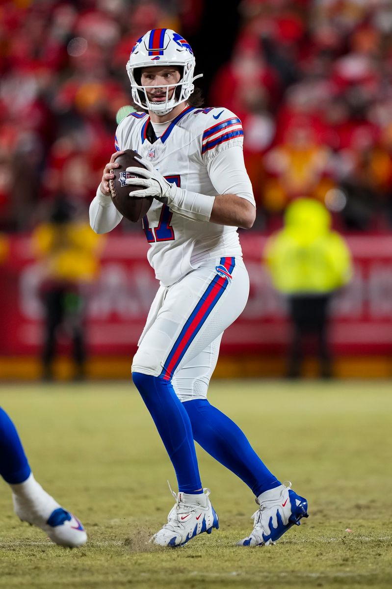 KANSAS CITY, MISSOURI - JANUARY 26: Quarterback Josh Allen #17 of the Buffalo Bills drops back to pass during the first half of the AFC Championship game against the Kansas City Chiefs, at GEHA Field at Arrowhead Stadium on January 26, 2025 in Kansas City, Missouri. (Photo by Todd Rosenberg/Getty Images)