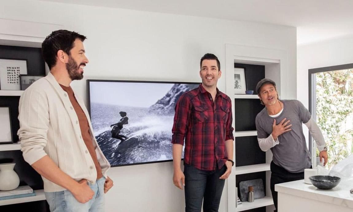 Brad Pitt with Jonathan and Drew Scott on Celebrity IOU