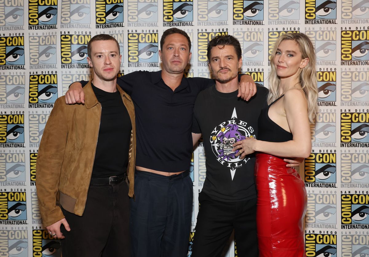 Joseph Quinn, Ebon Moss-Bachrach, Pedro Pascal and Vanessa Kirby attend the Marvel Studios Press Line during 2024 Comic-Con International