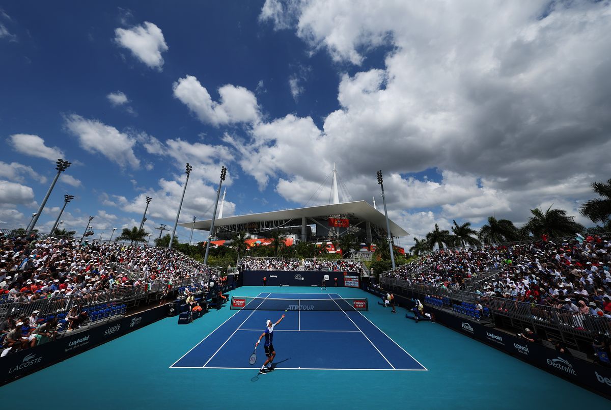 MIAMI GARDENS, FLORIDA - MARCH 24:  Grigor Dimitrov of Bulgaria serves against Alejandro Tabilo of Chile during their match on Day 9 of the Miami Open at Hard Rock Stadium on March 24, 2024 in Miami Gardens, Florida. (Photo by Al Bello/Getty Images)