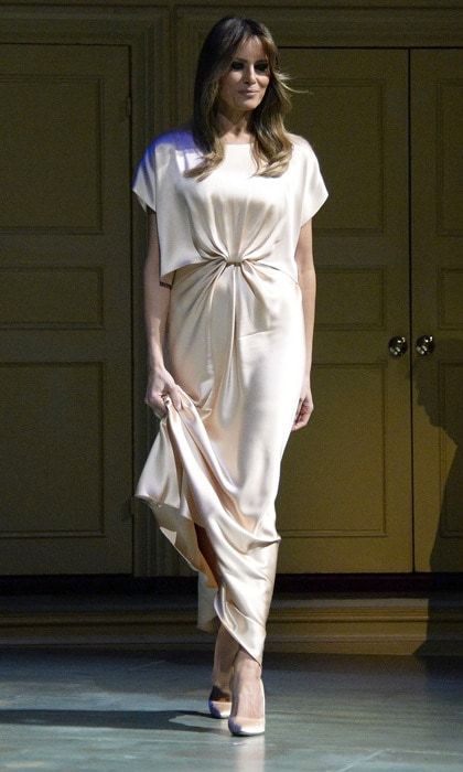 The first lady exuded glamour wearing a champagne-colored, front drape gown by Monique Lhuillier for the 2017 Ford's Theatre Gala in Washington, D.C. Prior to the reception, Melania said in a statement: "In 1978, President Jimmy Carter and First Lady Rosalynn Carter began the tradition of hosting a White House reception, and I am proud to continue the tradition in honor of such a historic and cherished landmark."
Photo: Olivier Douliery-Pool/Getty Images