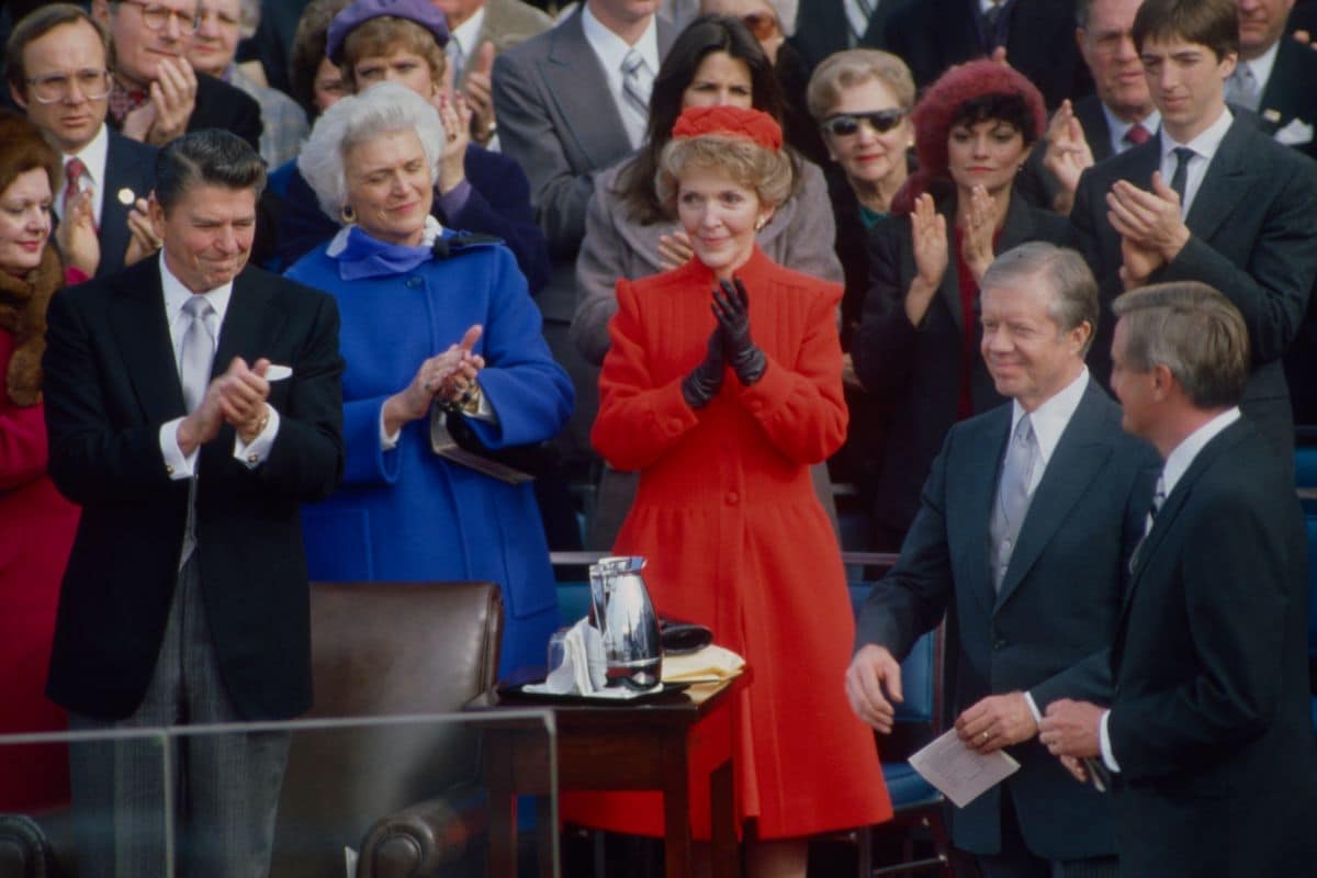 Ronald Reagan, Barbara Bush, Nancy Reagan, Jimmy Carter, Walter Mondale at Reagan's first inauguration