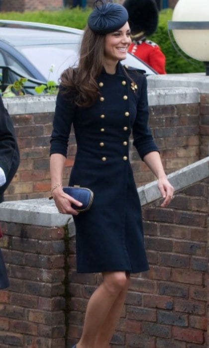 There's no rest for the Duchess! Soon after the wedding celebrations, Kate attended the Irish Guards Medal Parade in Windsor, England. Here is a sleek double breasted McQueen coat.
<br>
Photo: Getty Images