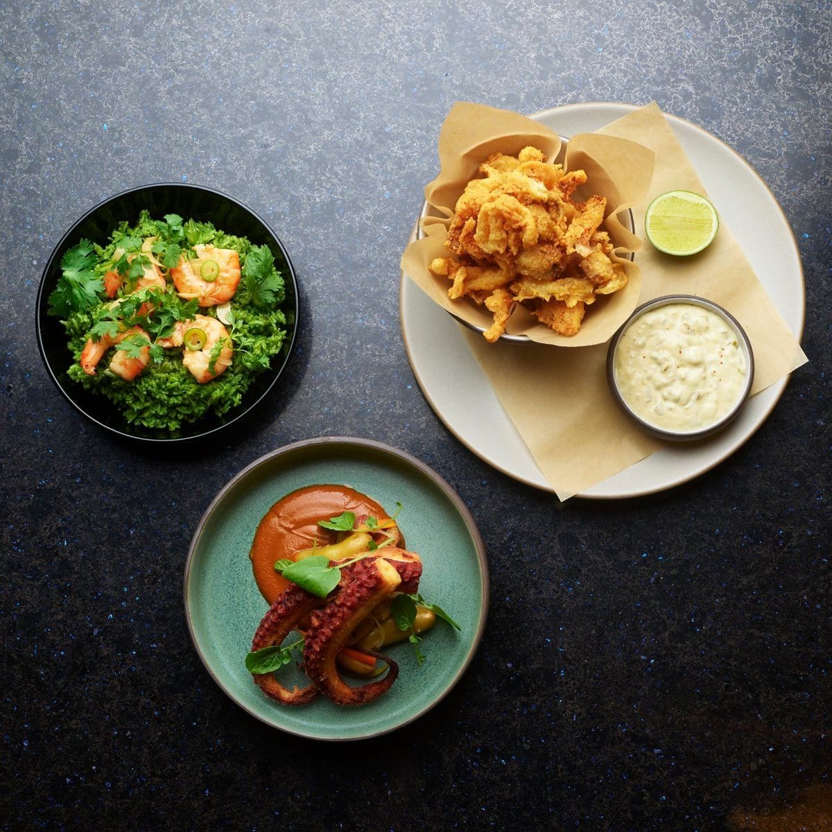 Shrimp & Green Rice, Clams Frito and Spanish Octopus