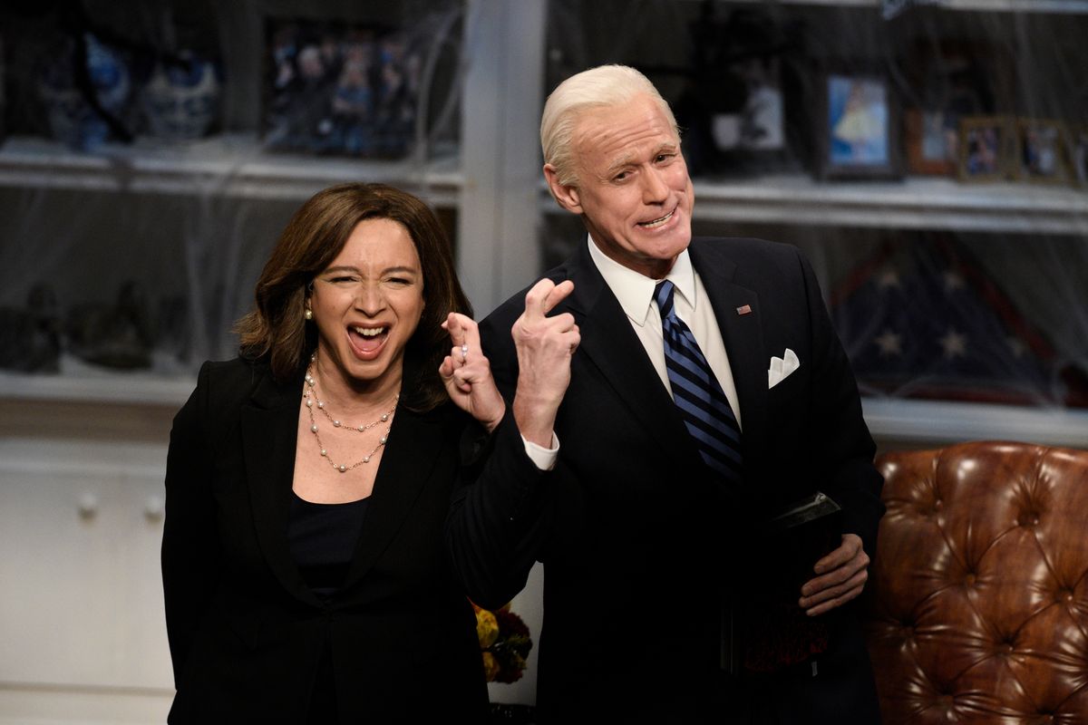 SATURDAY NIGHT LIVE -- "John Mulaney" Episode 1790 -- Pictured: (l-r) Maya Rudolph as Kamala Harris and Jim Carrey as Joe Biden during the "Biden Halloween" Cold Open on Saturday, October 31, 2020 -- (Photo by: Kyle Dubiel/NBC/NBCU Photo Bank via Getty Images)