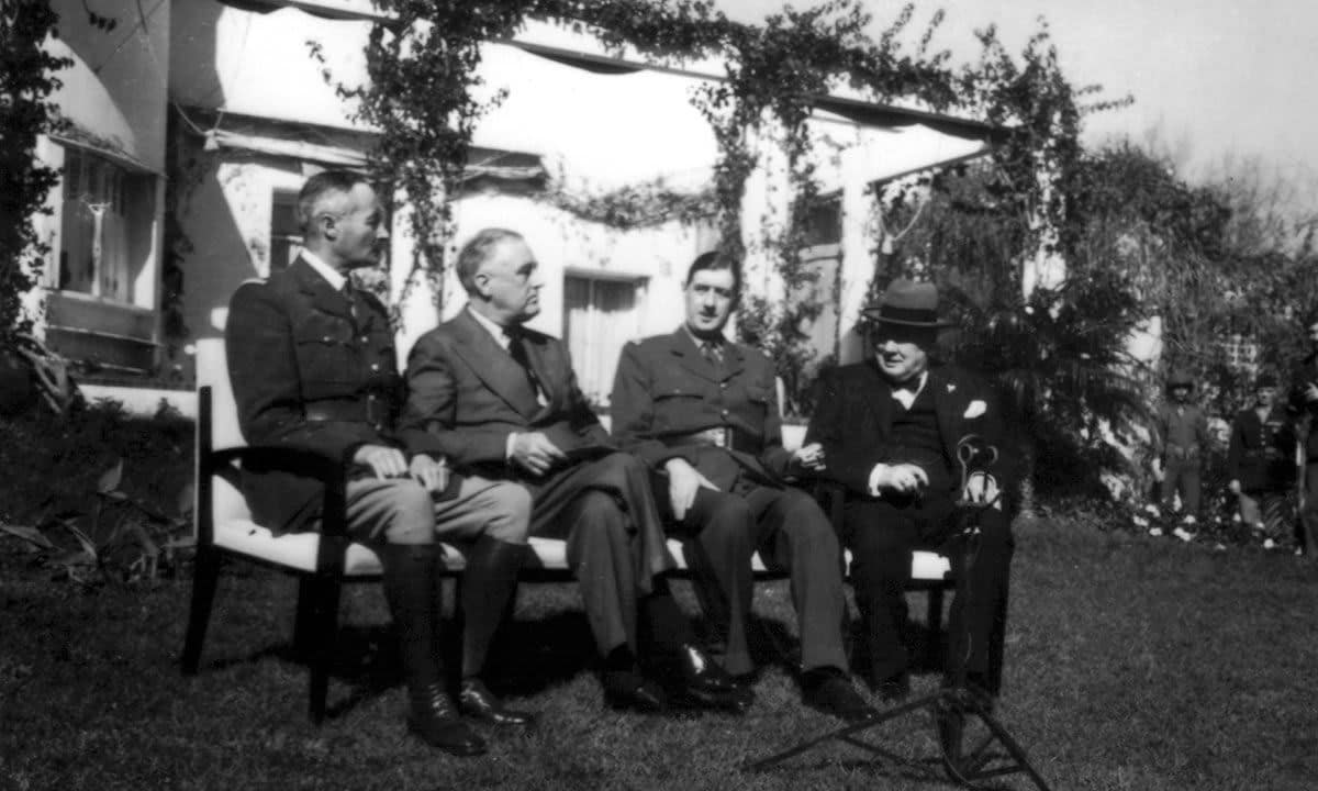 Casablanca conference. From the l. to the r.: General H. Giraud, President Roosevelt, General De Gaulle and Winston Churchill (January 1943)