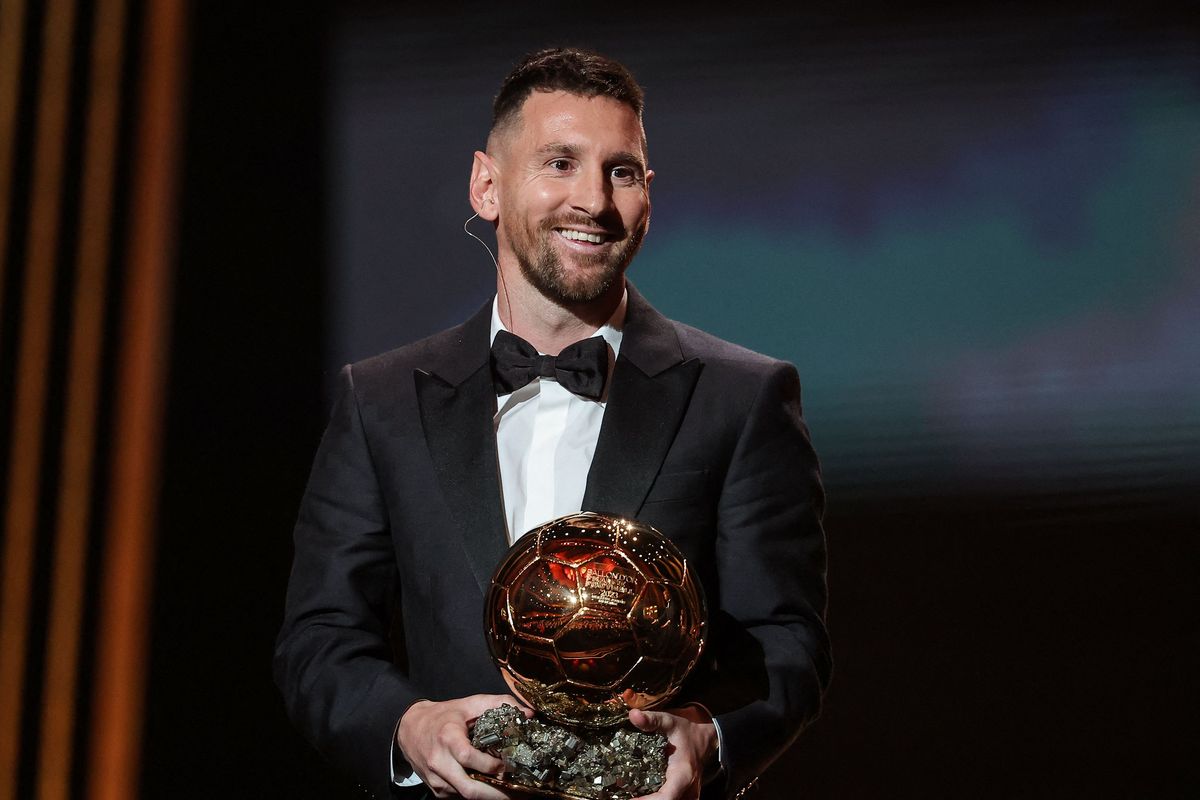 Lionel Messi receives his 8th Ballon d'Or award during the 2023 Ballon d'Or France Football award ceremony 