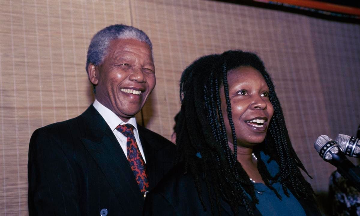 Nelson Mandela with Actress Whoopi Goldberg at Microphone