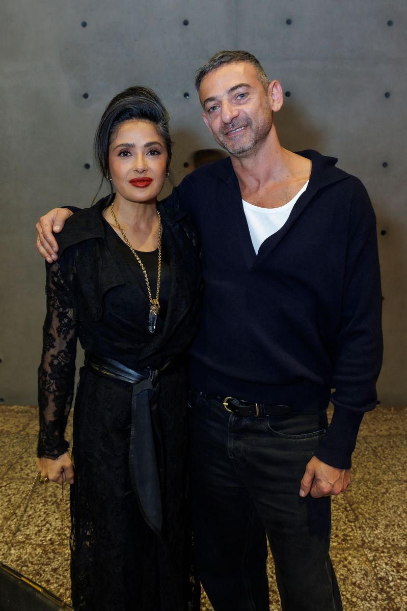 Salma Hayek and Artist Ali Cherri attend the "Corps Et Ames" Exhibition at Bourse De Commerce Pinault Collection 