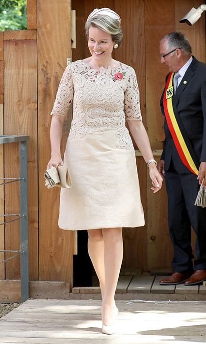 Queen Mathilde of Belgium wore a lace embroidered nude ensemble for the official opening of the Zonnebeke Church Dugout, a preserved First World War dugout, in Ypres, Belgium on July 31.
Photo: Chris Jackson - Pool/Getty Images