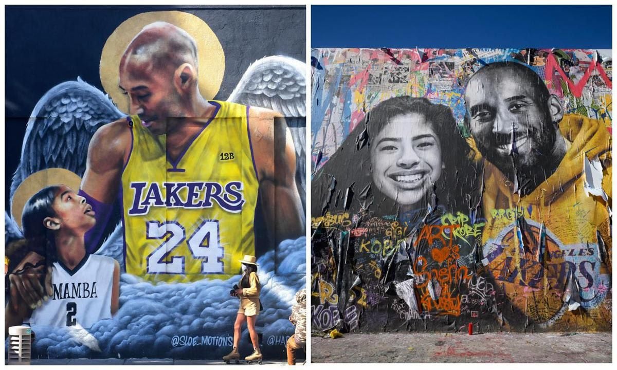 Two murals honoring the late Kobe Bryant and his daughter Gianna