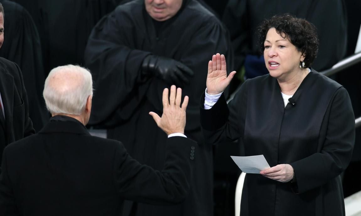 U.S. Vice President Joe Biden is sworn in during the public ceremony by Supreme Court Justice Sonia Sotomayor
