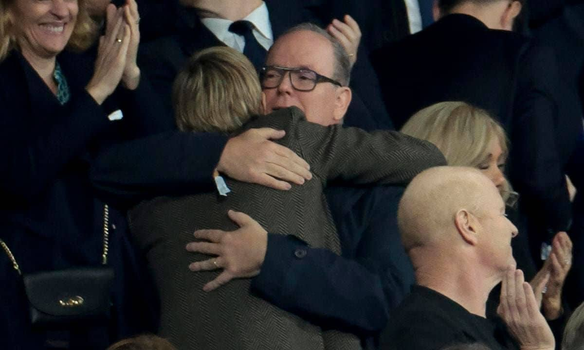 Prince Albert and Princess Charlene shared a hug at the Rugby World Cup on Oct. 28