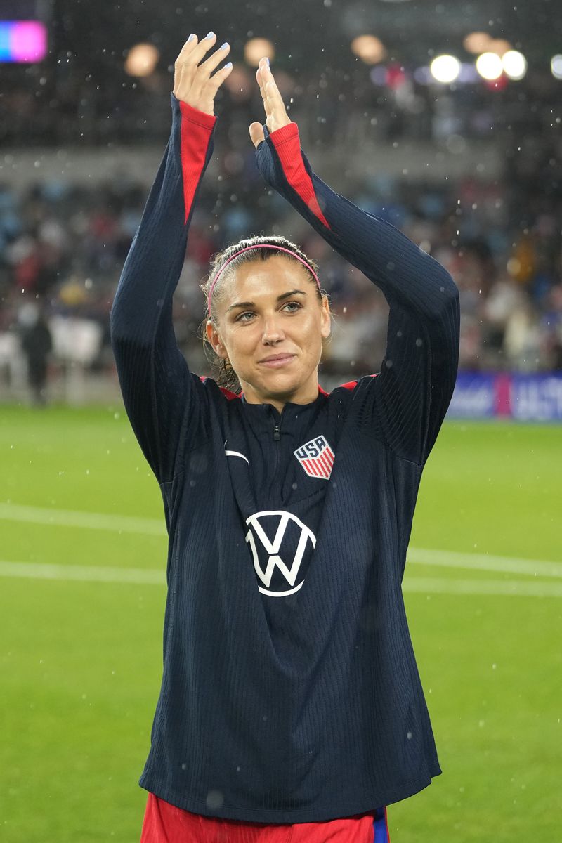 Alex Morgan #13 of the United States  salutes the fans after playing the Korea Republic at Allianz Field on June 04, 2024 in St Paul, Minnesota. (Photo by Brad Smith/ISI Photos/USSF/Getty Images)