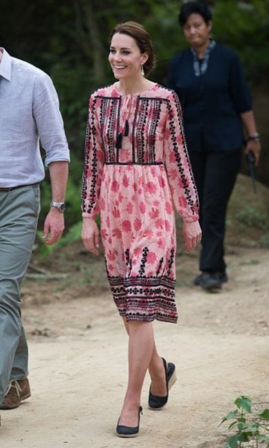 The Duchess wore a floral patterned Topshop Embroidered Print Midi Dress that retails for $140 for her visit to Pan Bari village. She wore another pair of Accessorize earrings that cost $19.
<br>
Photo: Getty Images