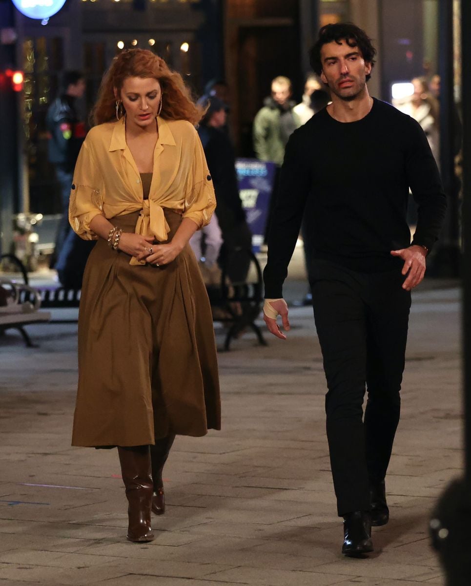 Blake Lively and Justin Baldoni are seen on the set of 'It Ends with Us' on January 12, 2024 in Jersey City, New Jersey. 