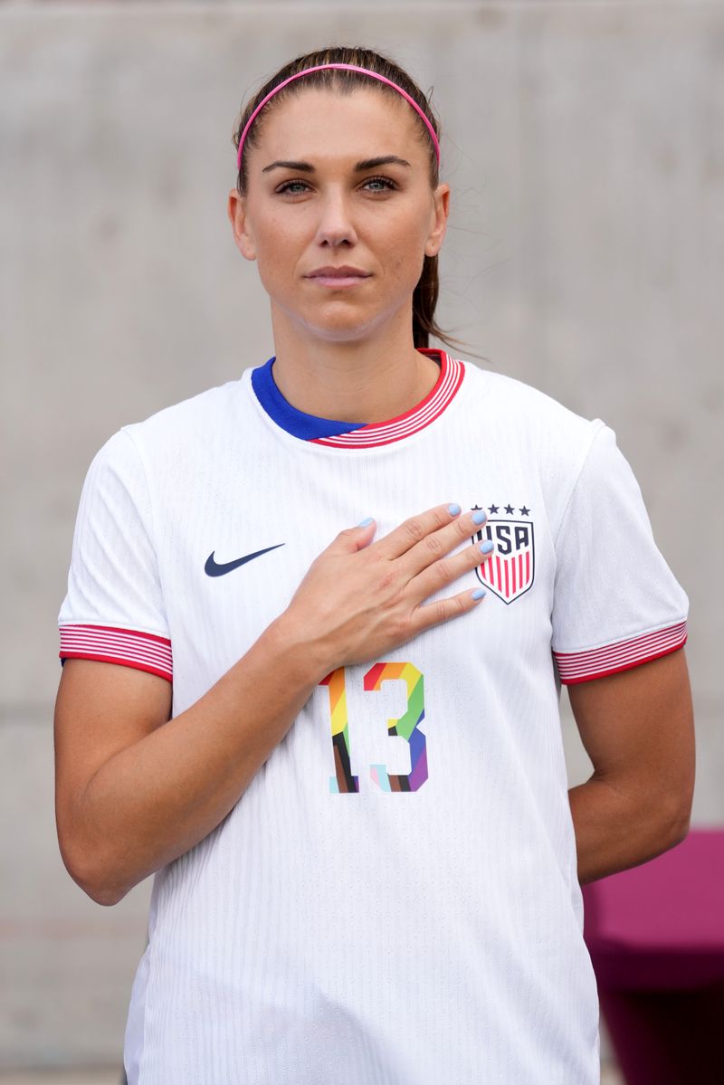 Alex Morgan #13 of the United States during the playing of the national anthem prior to playing the Korean Republic at Dick's Sporting Goods Park on June 01, 2024, in Commerce City, Colorado. (Photo by Brad Smith/ISI Photos/USSF/Getty Images)