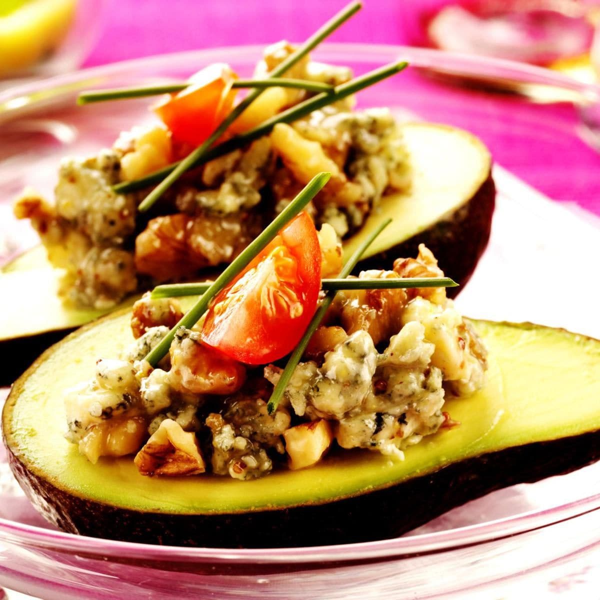 Avocado stuffed with stilton and walnuts