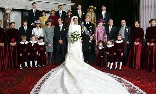 Queen Maxima of the Netherlands, meanwhile, has chosen Valentino for many of her high-profile occasions, and her wedding to Crown Prince Willem-Alexander in 2002 was no different. As she became Crown Princess, the then-Maxima Zorreguieta looked truly flawless in a beautifully structured cowl-neck mikado silk wedding gown, its 16-foot train inset with lace echoing the motif on her hand-embroidered silk tulle veil trailing behind her.
Photo: Getty Images