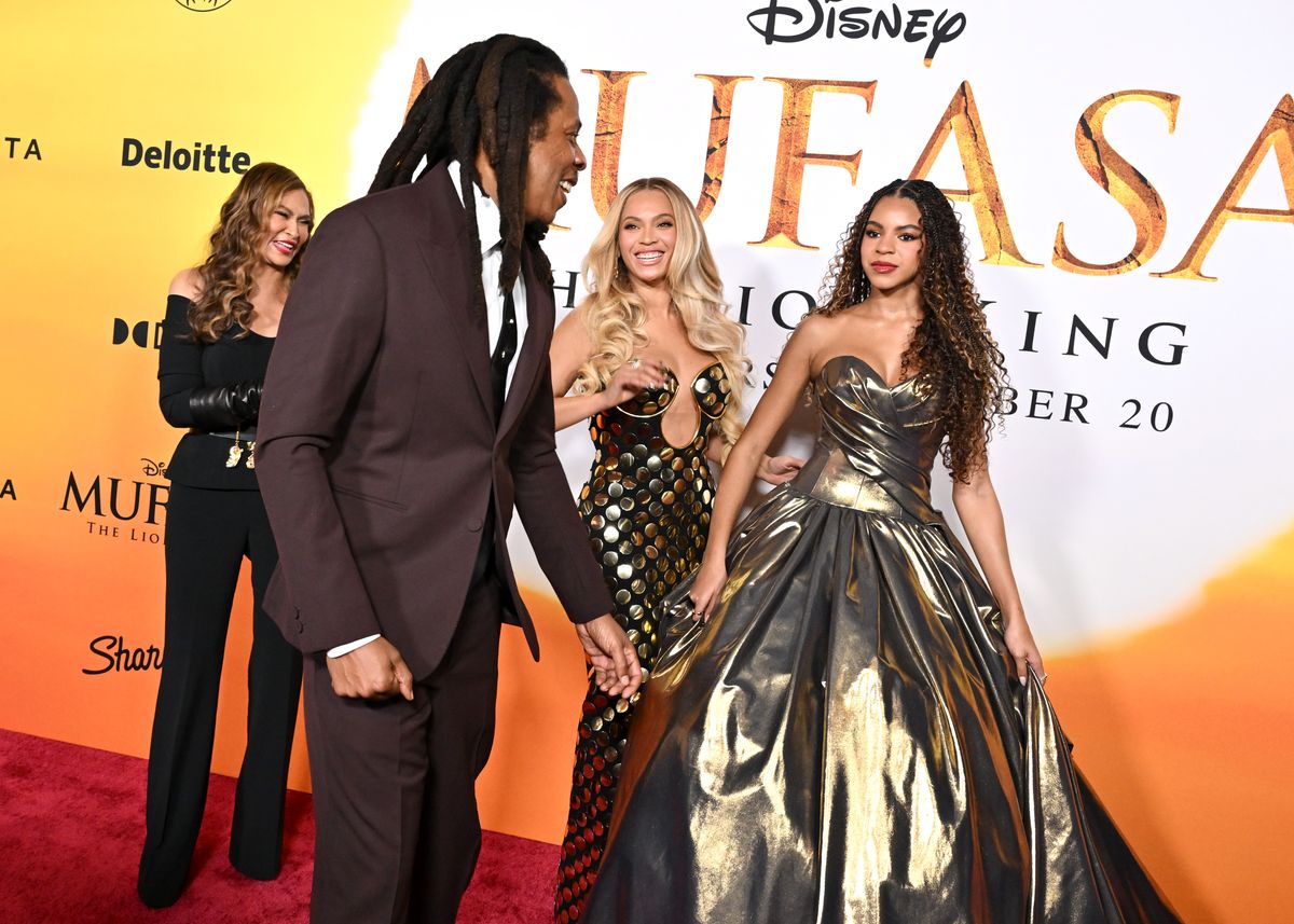 HOLLYWOOD, CALIFORNIA - DECEMBER 09: (L-R) Tina Knowles, Jay-Z, BeyoncÃ© and Blue Ivy Carter attend the Los Angeles Premiere of Disney's "Mufasa: The Lion King" at Dolby Theatre on December 09, 2024 in Hollywood, California. (Photo by Axelle/Bauer-Griffin/FilmMagic)