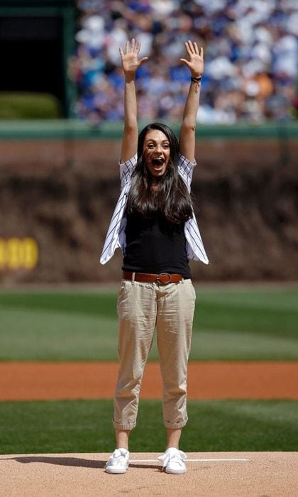 April 15: Success! Mila Kunis couldn't contain her enthusiasm after she threw out the first pitch at the Chicago Cubs vs. the Pittsburgh Pirates at Wrigley Field.
Photo: Jon Durr/Getty Images