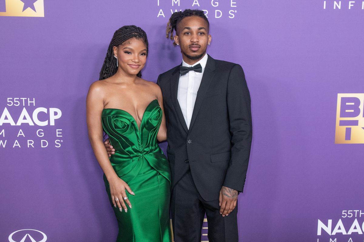  Halle Bailey (L) and DDG attend the 55th NAACP Image Awards at Shrine Auditorium and Expo Hall on March 16, 2024 in Los Angeles, California. (Photo by Aaron J. Thornton/Getty Images)