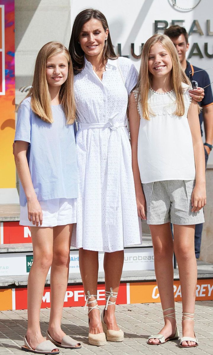 A beaming Letizia looked happy to be sandwiched between her girls at the 38th Copa del Rey Mapfre Sailing Cup in Palma de Mallorca.