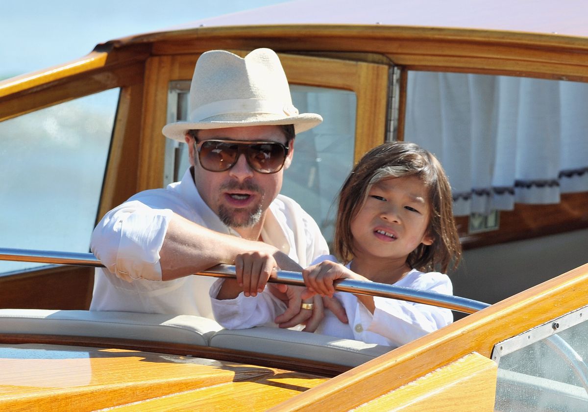 Brad Pitt and Pax Thien Jolie-Pitt take a water boat from Marco Polo Airport in Venice, Italy, ahead of the 65th Venice Film Festival on August 26, 2008