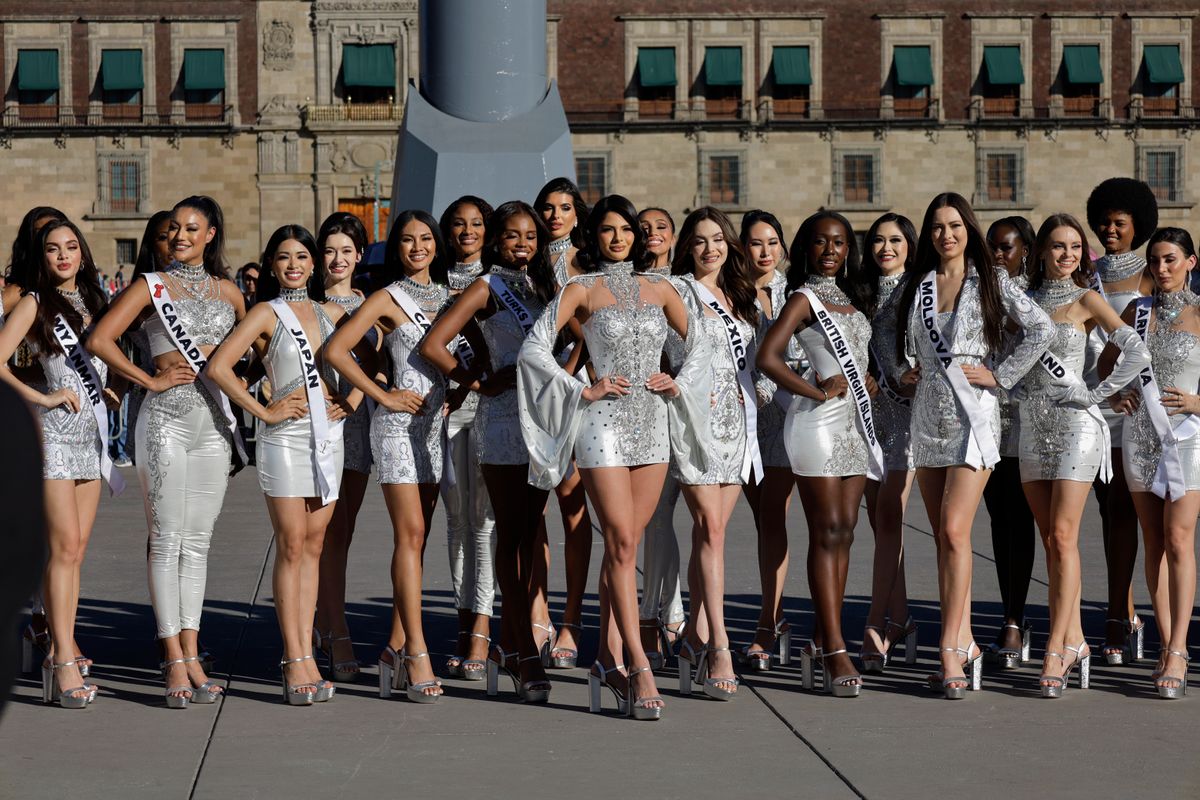 Members of Miss Universe arrive in Mexico City, Mexico, on November 10, 2024, at the Zocalo to take a panoramic photo under the flagpole. The Grand Final of Miss Universe 2024 takes place on November 16, 2024. After several weeks of competition, the gala and the final parade are held, at the end of which the new international beauty queen is crowned. (Photo by Gerardo Vieyra/NurPhoto via Getty Images)